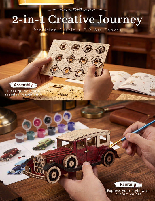 Paintable Wooden Vintage Car Puzzle